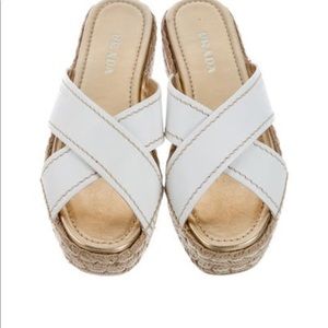 Prada white & gold crossover platform espadrilles